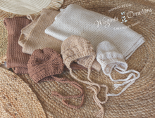 Load image into Gallery viewer, Wrap and Bonnet Set - Newborn - Colours available: Brown, Latte, Beige - Handmade - Ready to Send - Photography Prop