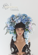 Load image into Gallery viewer, Large Flower Headpiece - Cascading Style Photography Crown - Colours: Blue - Maternity Photoshoot - Luxury Flower Headband