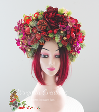Load image into Gallery viewer, Artificial Christmas Floral Crown – Burgundy - Photography Prop for Adults and Older Children
