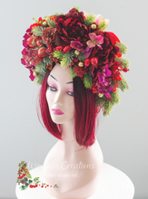 Load image into Gallery viewer, Artificial Christmas Floral Crown – Burgundy - Photography Prop for Adults and Older Children
