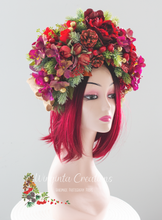 Load image into Gallery viewer, Artificial Christmas Floral Crown – Burgundy - Photography Prop for Adults and Older Children
