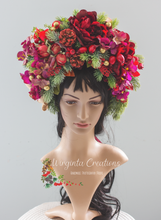 Load image into Gallery viewer, Artificial Christmas Floral Crown – Burgundy - Photography Prop for Adults and Older Children