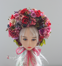 Load image into Gallery viewer, Christmas Flower Bonnet for 9–24 Months Olds - Handmade Festive Headpiece - Bonnet's Colours: Blue, White, Pink - Photography Prop