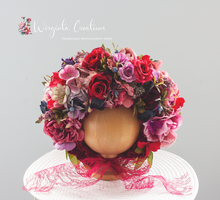 Load image into Gallery viewer, Christmas Flower Bonnet for 9–24 Months Olds - Handmade Festive Headpiece - Bonnet's Colours: Blue, White, Pink - Photography Prop