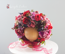 Load image into Gallery viewer, Christmas Flower Bonnet for 9–24 Months Olds - Handmade Festive Headpiece - Bonnet's Colours: Blue, White, Pink - Photography Prop