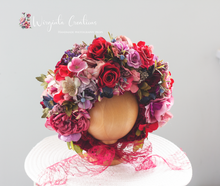 Load image into Gallery viewer, Christmas Flower Bonnet for 9–24 Months Olds - Handmade Festive Headpiece - Bonnet's Colours: Blue, White, Pink - Photography Prop