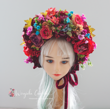 Load image into Gallery viewer, Christmas Flower Bonnet for 9–24 Months Olds | Handmade Festive Headpiece | Bonnet's Colours: Burgundy, Red, Colourful | Photography Prop
