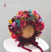 Load image into Gallery viewer, Christmas Flower Bonnet for 9–24 Months Olds | Handmade Festive Headpiece | Bonnet's Colours: Burgundy, Red, Colourful | Photography Prop