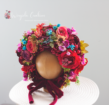 Load image into Gallery viewer, Christmas Flower Bonnet for 9–24 Months Olds | Handmade Festive Headpiece | Bonnet's Colours: Burgundy, Red, Colourful | Photography Prop