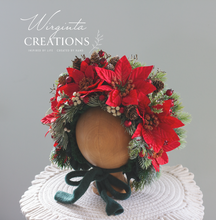 Load image into Gallery viewer, Christmas Flower Bonnet for 9–24 Months Olds - Handmade Poinsettias Headpiece - Bonnet's Colours: Green, Red - Photography Prop