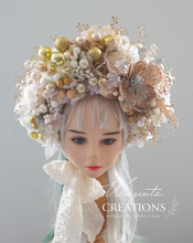 Load image into Gallery viewer, Christmas Flower Bonnet for 9–24 Months Olds - Handmade Festive Headpiece - Bonnet's Colours: Cream, Gold, Beige - Photography Prop
