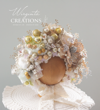 Load image into Gallery viewer, Christmas Flower Bonnet for 9–24 Months Olds - Handmade Festive Headpiece - Bonnet's Colours: Cream, Gold, Beige - Photography Prop