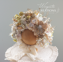 Load image into Gallery viewer, Christmas Flower Bonnet for 9–24 Months Olds - Handmade Festive Headpiece - Bonnet's Colours: Cream, Gold, Beige - Photography Prop