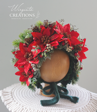 Load image into Gallery viewer, Christmas Flower Bonnet for 9–24 Months Olds - Handmade Poinsettias Headpiece - Bonnet's Colours: Green, Red - Photography Prop