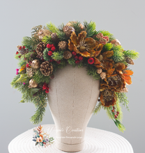 Load image into Gallery viewer, Artificial Christmas Floral Crown – Photography Prop for Adults and Older Children. Colours used in a headpiece are: Gold, greens, reds, browns. Wirginta Creations - the creator.
