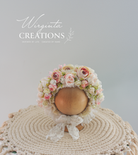 Load image into Gallery viewer, Cream, Pink, Beige flower bonnet for newborn, 0-3 months old bonnet, photography prop