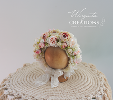Load image into Gallery viewer, Flower Bonnet for Newborns (0-3 Months) - Photography Headpiece - Cream, Pink, Beige Colour - Photo Prop