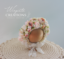Load image into Gallery viewer, Flower Bonnet for Newborns (0-3 Months) - Photography Headpiece - Cream, Pink, Beige Colour - Photo Prop