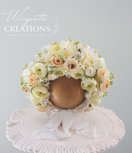 Load image into Gallery viewer, Cream, Ivory flower bonnet for 6-24 months old, photography prop, artificial flower headpiece