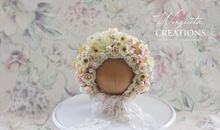 Load image into Gallery viewer, Flower Bonnet for Newborns (0-3 Months) - Photography Headpiece - Cream Colour - Photo Prop