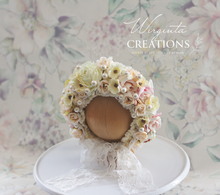 Load image into Gallery viewer, Flower Bonnet for Newborns (0-3 Months) - Photography Headpiece - Cream Colour - Photo Prop