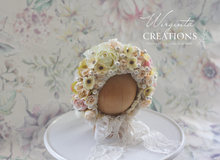 Load image into Gallery viewer, Flower Bonnet for Newborns (0-3 Months) - Photography Headpiece - Cream Colour - Photo Prop