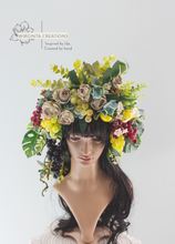 Load image into Gallery viewer, Large Flower and Fruit Headpiece - Cascading Style Photography Crown - Colours: Green, Yellow, Dark Red - Maternity Photoshoot - Luxury Flower Headband