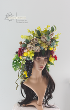 Load image into Gallery viewer, Large Flower and Fruit Headpiece - Cascading Style Photography Crown - Colours: Green, Yellow, Dark Red - Maternity Photoshoot - Luxury Flower Headband
