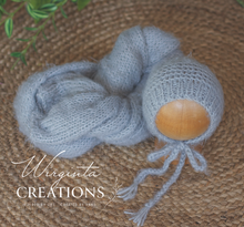 Load image into Gallery viewer, Wrap and Bonnet Set - Newborn - Blue or Grey Colour - Handmade - Fuzzy Yarn - Ready to Send - Photography Prop