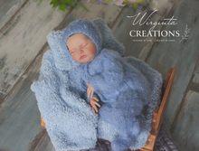 Load image into Gallery viewer, Handmade Newborn Photography Prop Set | Light Blue Romper & Hat | Knitted Photo Props