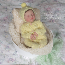 Load image into Gallery viewer, Handmade Mohair Newborn Photography Prop Set | Light Yellow Romper & Hat | Knitted Photo Props
