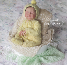 Load image into Gallery viewer, Handmade Mohair Newborn Photography Prop Set | Light Yellow Romper & Hat | Knitted Photo Props
