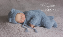 Load image into Gallery viewer, Newborn Footed Romper and Matching Bonnet | Photo Prop | Colours available: Blue, Brown | Knitted Teddy Bear Outfit | Ready to Send