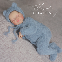 Load image into Gallery viewer, Newborn Footed Romper and Matching Bonnet | Photo Prop | Colours available: Blue, Brown | Knitted Teddy Bear Outfit | Ready to Send