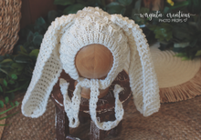 Load image into Gallery viewer, Bunny Outfit | Bonnet and Matching Dungarees Set | Size 18-24 Months Old | Cream Colour | Knitted | Photography prop