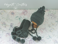 Load image into Gallery viewer, Handmade Knitted Bonnet and Booties Set. Sizes Available: 6-12 Months Old and 12-24 Months Old. Five Colour Options. Photography Prop. Made-To-Order