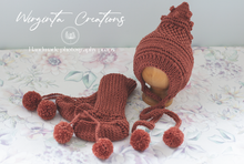 Load image into Gallery viewer, Handmade Knitted Bonnet and Booties Set. Sizes Available: 6-12 Months Old and 12-24 Months Old. Five Colour Options. Photography Prop. Made-To-Order
