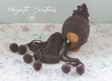 Load image into Gallery viewer, Handmade Knitted Bonnet and Booties Set. Sizes Available: 6-12 Months Old and 12-24 Months Old. Five Colour Options. Photography Prop. Made-To-Order