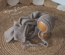 Load image into Gallery viewer, Wrap and Bonnet Set - Newborn - Oat Colour - Handmade - Ready to Send - Photography Prop