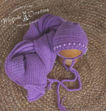 Load image into Gallery viewer, Wrap and Bonnet Set - Newborn - Purple Colour - Handmade - Ready to Send - Photography Prop