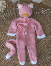 Load image into Gallery viewer, Pink Knitted Newborn Footed Romper with Tail and Matching Cat Bonnet - Photo Prop - Fuzzy Yarn - Cat Outfit - Ready to Send