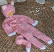 Load image into Gallery viewer, Pink Knitted Newborn Footed Romper with Tail and Matching Cat Bonnet - Photo Prop - Fuzzy Yarn - Cat Outfit - Ready to Send