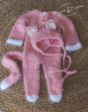 Load image into Gallery viewer, Pink Knitted Newborn Footed Romper with Tail and Matching Cat Bonnet - Photo Prop - Fuzzy Yarn - Cat Outfit - Ready to Send