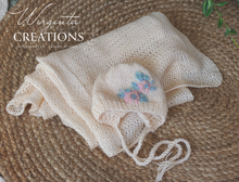 Load image into Gallery viewer, Wrap and Bonnet Set - Newborn - Cream Colour - Handmade - Ready to Send - Photography Prop