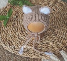 Load image into Gallery viewer, Latte Brown Knitted Newborn Footed Romper with Tail and Matching Cat Bonnet | Photo Prop | Non-Fuzzy Yarn | Cat Outfit | Ready to Send