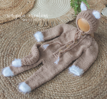 Load image into Gallery viewer, Latte Brown Knitted Newborn Footed Romper with Tail and Matching Cat Bonnet | Photo Prop | Non-Fuzzy Yarn | Cat Outfit | Ready to Send