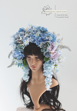 Load image into Gallery viewer, Large Flower Headpiece - Cascading Style Photography Crown - Colours: Blue - Maternity Photoshoot - Luxury Flower Headband