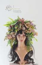 Load image into Gallery viewer, Large Flower Headpiece - Cascading Style Photography Crown - Colours: Green, Dusty Brown - Maternity Photoshoot - Luxury Flower Headband