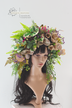 Load image into Gallery viewer, Large Flower Headpiece - Cascading Style Photography Crown - Colours: Green, Dusty Brown - Maternity Photoshoot - Luxury Flower Headband