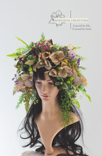 Load image into Gallery viewer, Large Flower Headpiece - Cascading Style Photography Crown - Colours: Green, Dusty Brown - Maternity Photoshoot - Luxury Flower Headband